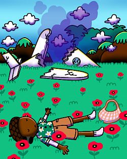 Plane crash in a field of poppies.
