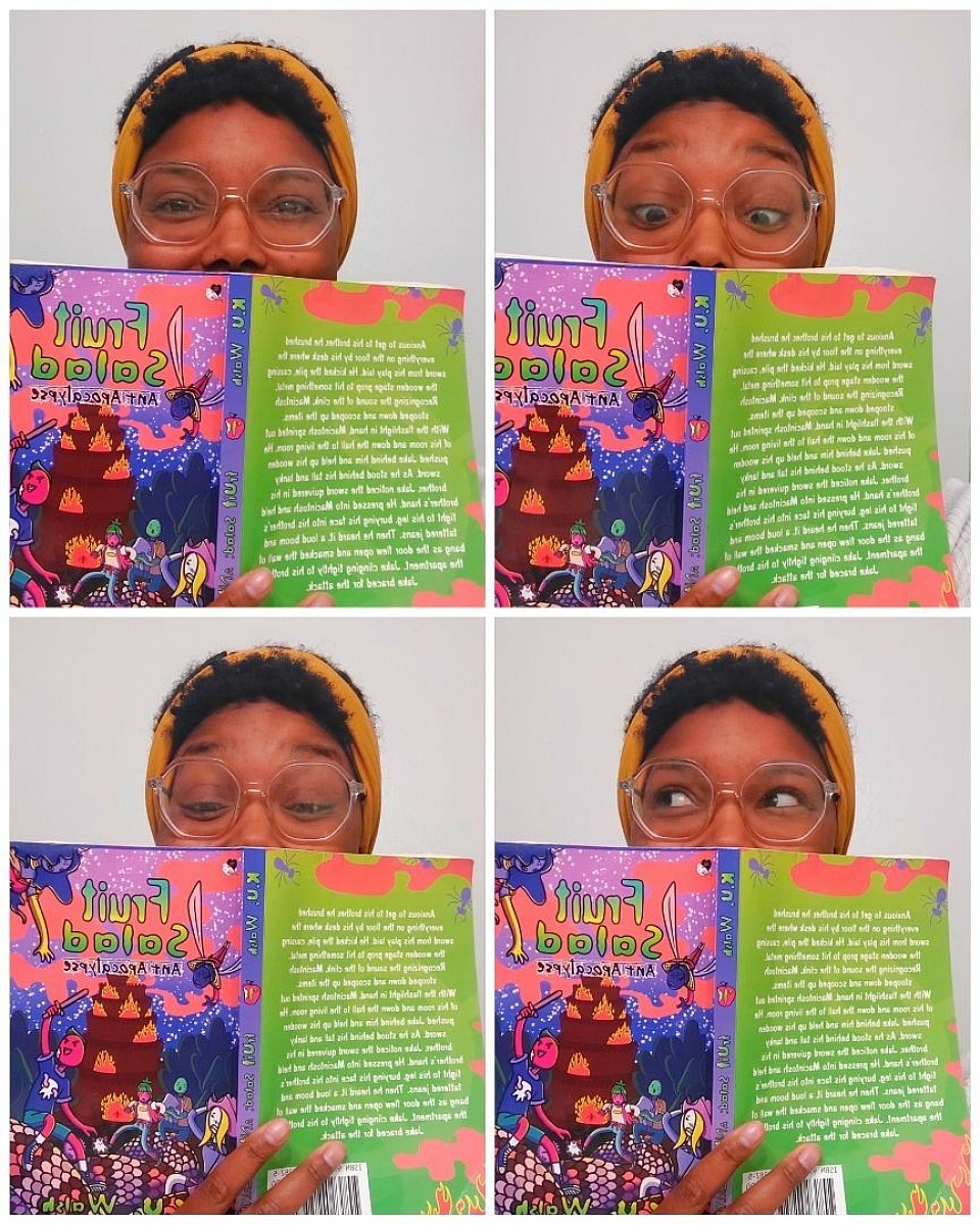 photo collage of K.U. Walsh holding her debut middle grade novel